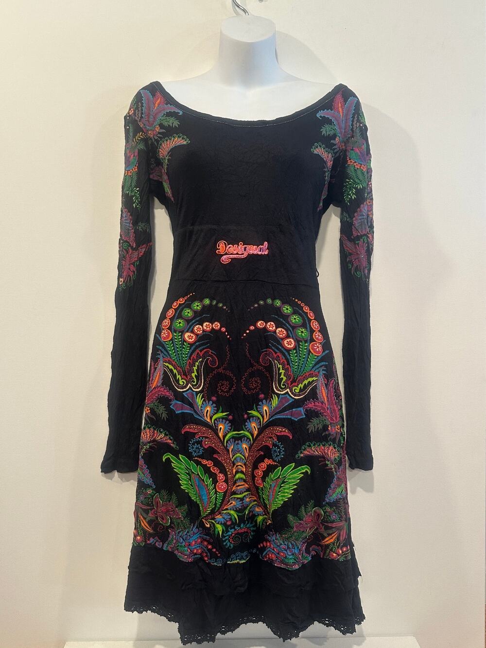 Desigual Black Paisley Floral Long Sleeve Dress Scoop Neck Crochet Lace Hem M